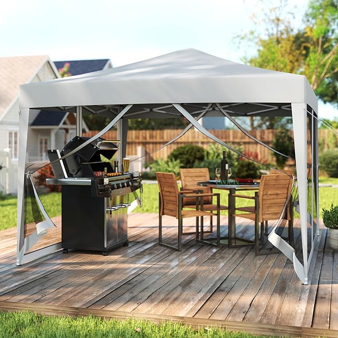 Tangkula 10x10 Ft Pop Up Canopy with Netting, Easy Up Outdoor Tent with Mesh Sidewalls, Carrying Bag, Adjustable Height, Portable Canopy Tent for Parties Events Camping Travel
