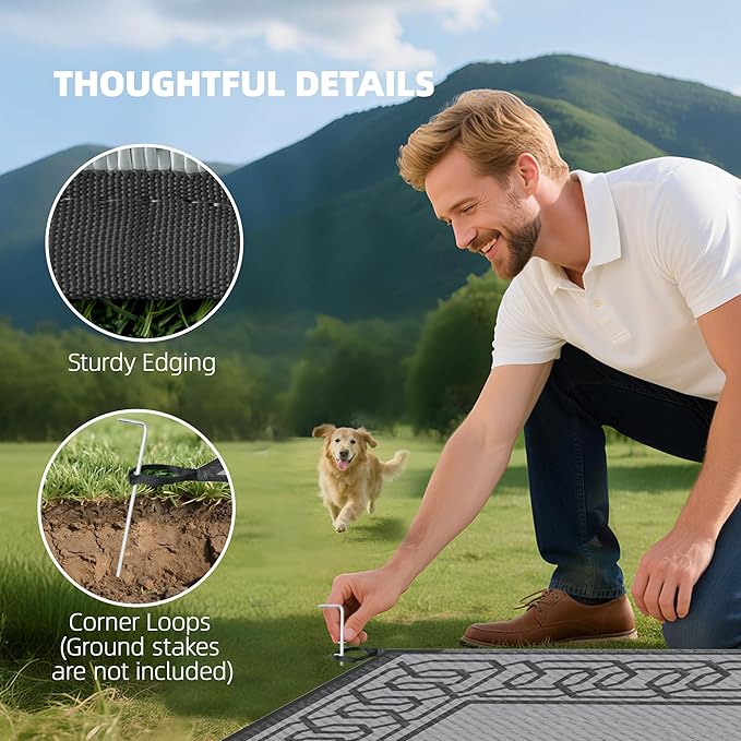 Outsunny Outdoor Rug for Patio, 9' x 18' Waterproof Large Mat, Reversible Plastic Straw Rug for Decor, Portable Outside RV Camping Area Carpet Mat for Backyard Porch Deck Picnic, Black & Gray Border