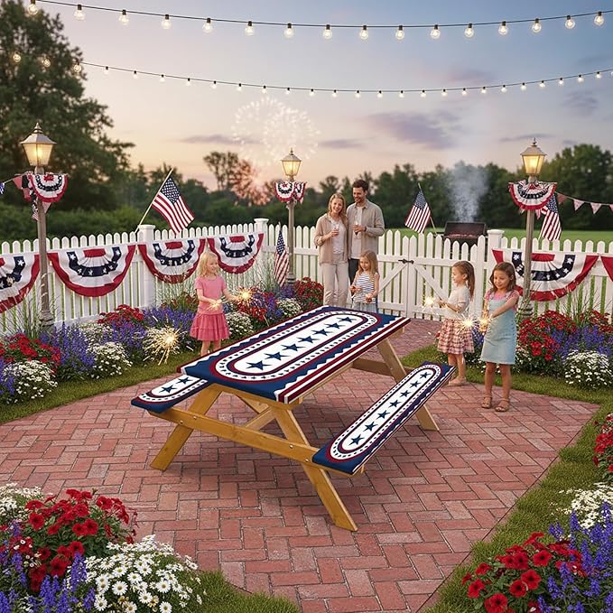 JAWO 4th of July Picnic Table Cover with Bench Covers, Patriotic USA Stars Waterproof Elastic Fitted Tablecloth, Independence Day Outdoor Camping Patio Essentials 3PCS with Drawstring Bag,60in