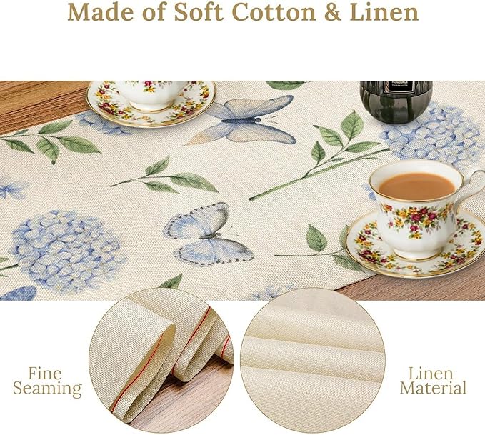 Hydrangea Butterfly Table Runner, Seasonal Spring Summer Table Runner for Holiday Kitchen Dining Home Party Outdoor 13x36in