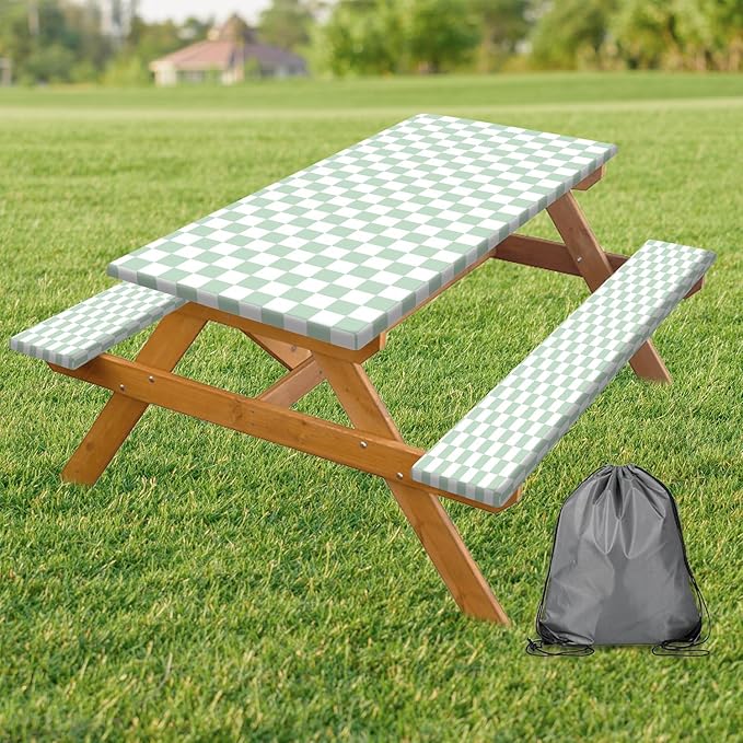 Picnic Table Cover with Bench Covers and Bag, Sage Green and White Checkered Buffalo Plaid Camping Tablecloth Waterproof Elastic Edges Fitted Gingham Tablecloth for Outdoor Garden 3PCS 30x72 Inch