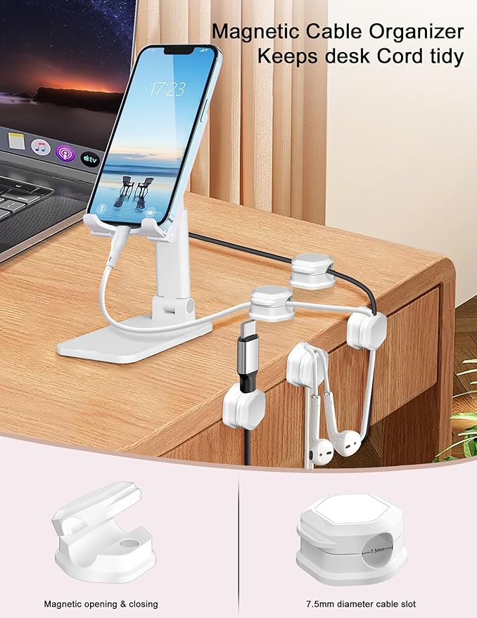 6 Pack Magnetic Cord Organizer - Cord Holder - Cable Clips - Cord Organizer for Desk, Adjustable Cord Holder Management, for Desk, Nightstand, Phone Charger, Computer, Home, Office, Car