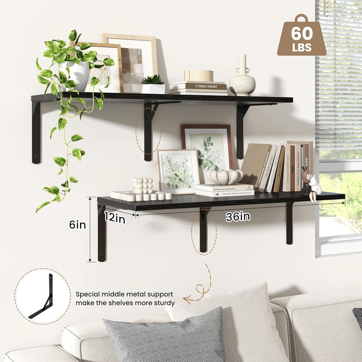 Fun Memories Floating Shelves for Wall, 12 Inch Deep Floating Shelves Set of 2, Wall Mounted Shelf with Metal Brackets