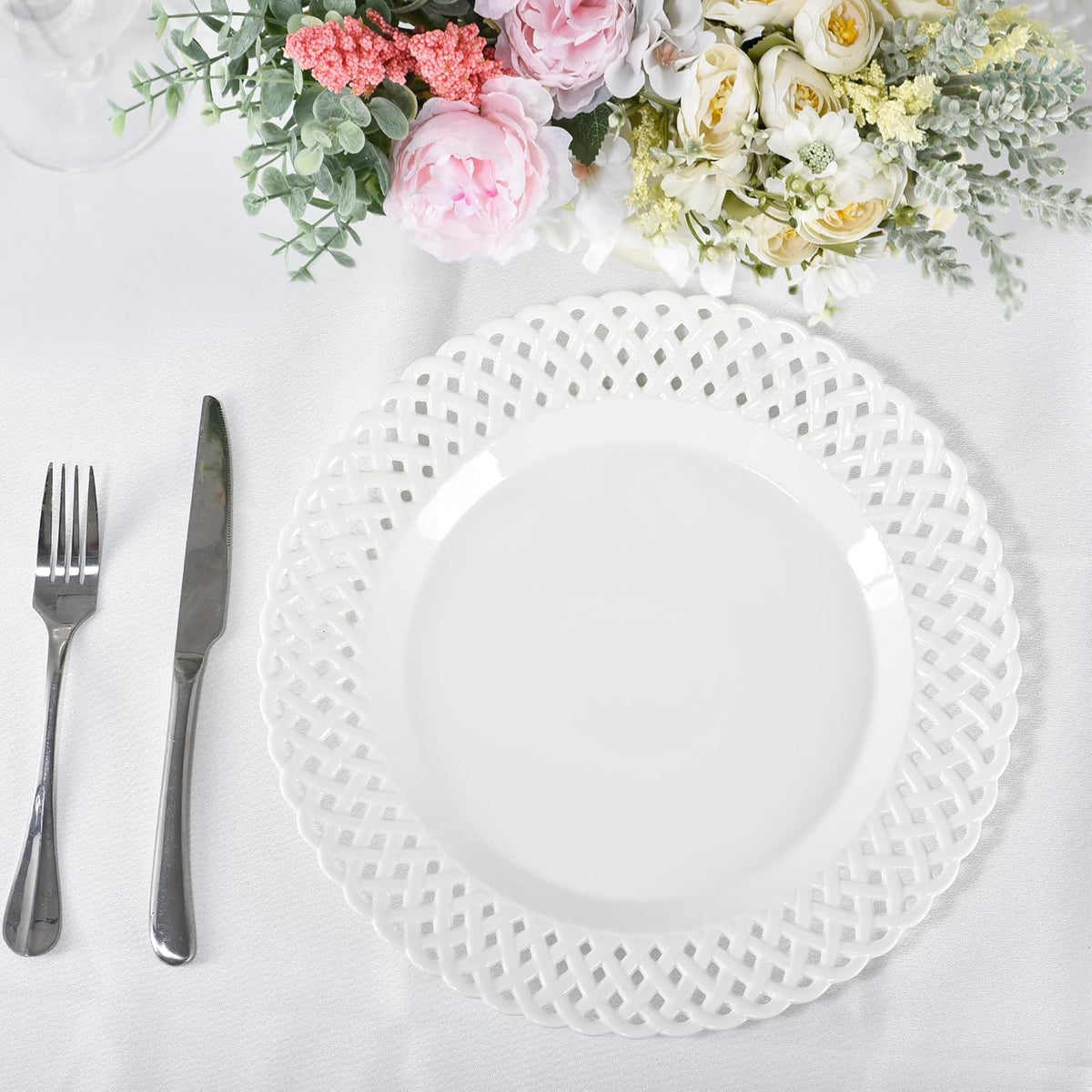 Large White Dinner Plates 12 inch, Ceramic Dinner Plates Set of 4, Basketweave Wide Rim Stackable Hotel Value Round Coupe Shape for Restaurant