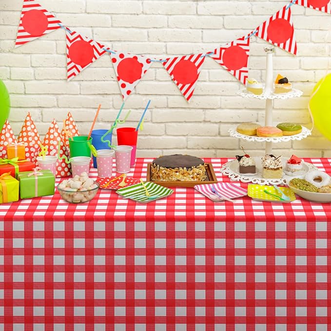3 Pack Red and White Plastic Checkered Tablecloth, Premium Decorative Disposable Red Gingham Plaid Table Cloths for Parties, Rectangle Party Table Cover for Picnic Farm Birthday Wedding, 54x108 Inch