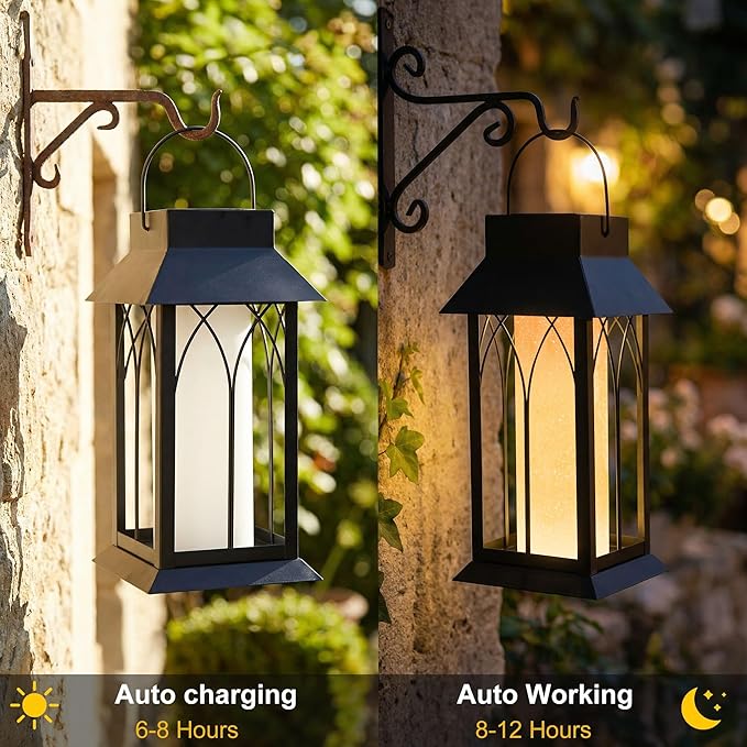 Solar Lantern Outdoor Waterproof ,Black Heavy Duty Metal Solar Powered Hanging or Table Lamp for Patio, Garden, Yard, Porch - Decorative Warm White Lights