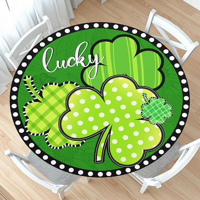St Patricks Day Round Fitted Tablecloth with Elastic Green Shamrock Lucky Circle Table Cover for 40-44" Tables Spring Clover Wipeable Waterproof Washable Table Cloth for Party Picnic Dining Decor