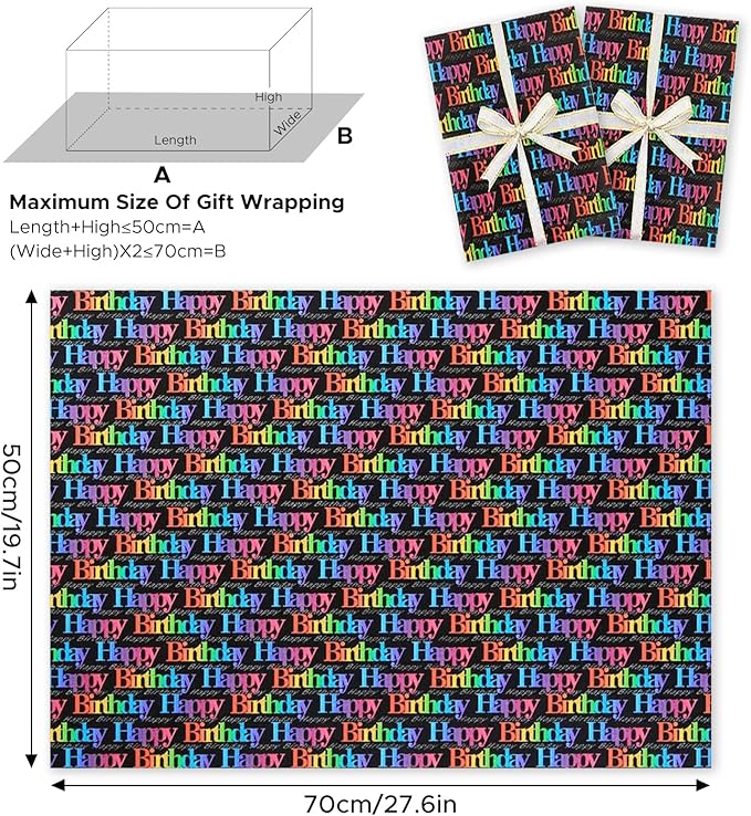 NEPOG Birthday Wrapping Paper for Girls Boys Kids Women Men, Gradient Color Happy Birthday Wrapping Paper with Cut Lines on Reverse, 6 Sheets Folded Flat 20x28 inches for Birthday Occasion