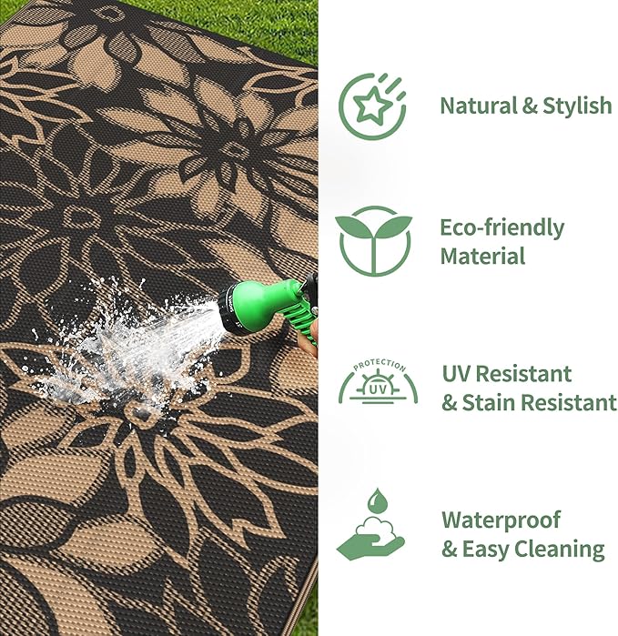GENIMO Outdoor Rug Waterproof for Patio Decor, 10' x 14' Reversible Plastic Straw Floral Camping Carpet, Large Area Rugs Mats for RV, Camper, Deck, Balcony, Porch, Beach, Picnic, Black & Brown