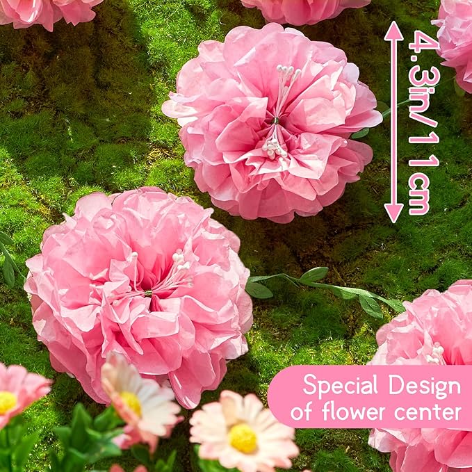 Pink Tissue Paper Flowers Pom Pom Spring Garland （2PCS） Hanging Decor Pink Party Decorations for Women Girls Birthday Bachelorette Baby Shower Wedding Party Supplies