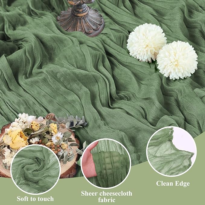 Asee'm Cheesecloth Table Runner 120 Inches Sage Green Boho Gauze Cheese Cloth Runner 10FT Rustic Sheer Table Runners for Spring Easter Wedding Baby Shower Holiday Party Decoration