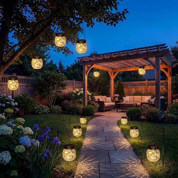 4 Pack Small Solar Lanterns Outdoor Waterproof, Cracked Glass Hanging Globe Lights for Backyard Patio Garden Pathway Balcony and Table Decor, Warm White- Gifts for Women Mom Homeowners