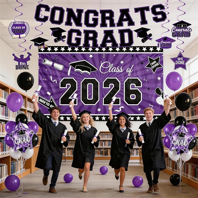 Graduation Decorations 2026, Purple Black Graduation Party Decorations Set with Class of 2026 Backdrop Congrats Grad Banner 18inch Foil Grad Star Balloons Hanging Streamers Kit for High School College