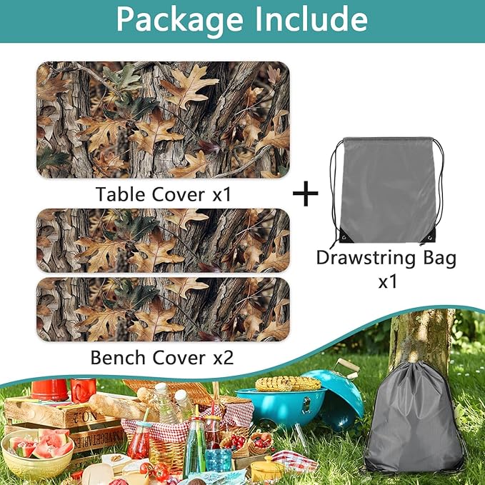 Camo Picnic Table Cover with Bench Covers, Oak Camouflage Patterns Camping Essentials Tablecloth Waterproof Fitted Rectangle Tables and Seats, Outdoor Table Covers with Elastic Windproof Edges