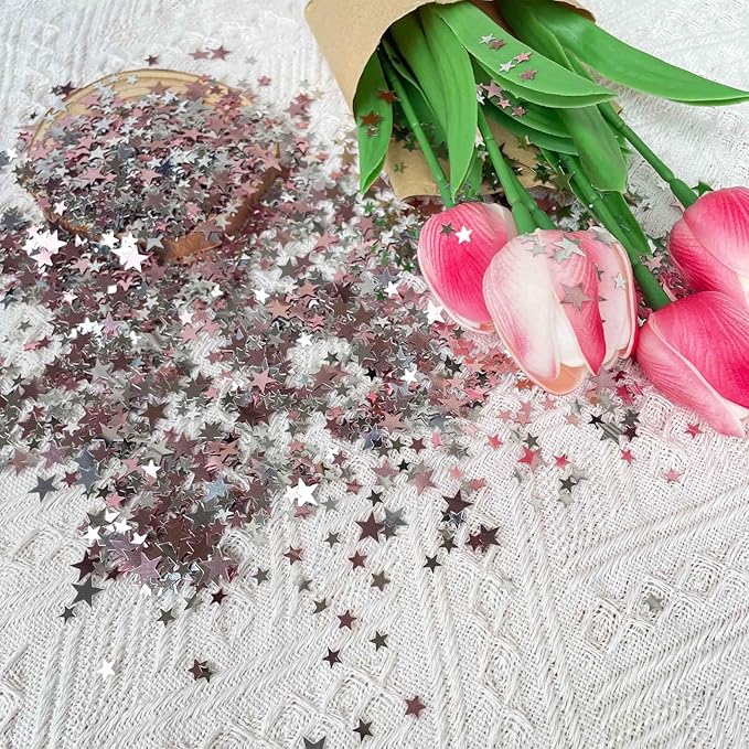 60g Star Confetti Glitter Star Table Confetti, Metallic Foil Star Glitter, Table Decorations for Party Wedding birthday graduation Decorations(Glitter Rose Gold and Silver Set, 10mm and 6mm)