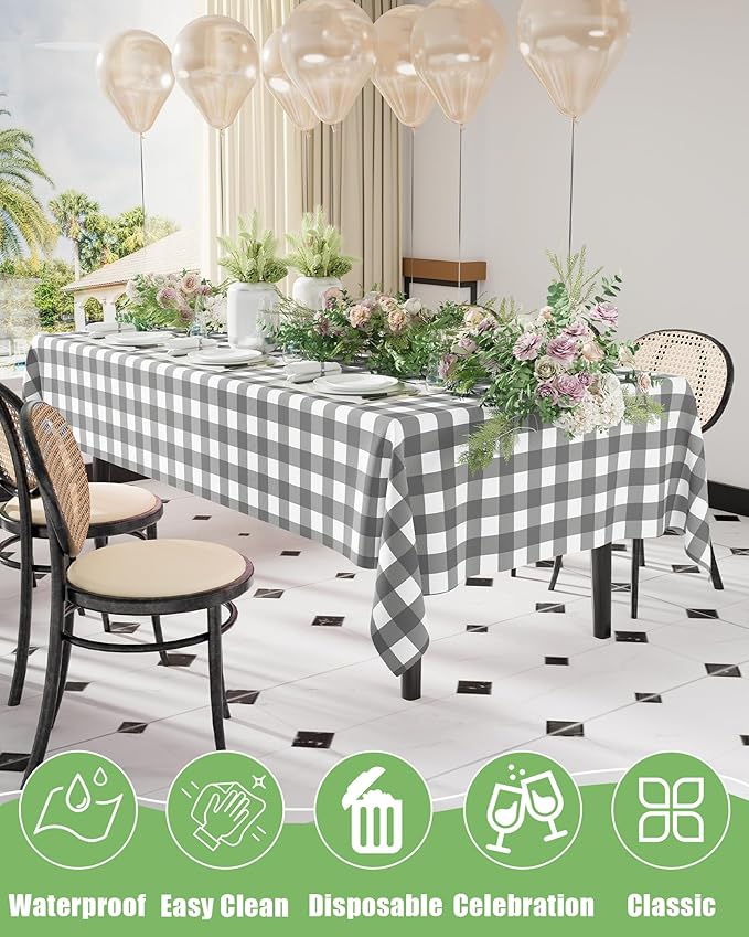 Smiry 8 Packs Gingham Disposable Table Cloth, 54 x 108 Inch Waterproof Plastic Tablecloth, Rectangle Grey and White Checkered Table Covers for Party, Birthday, Picnic, Banquet