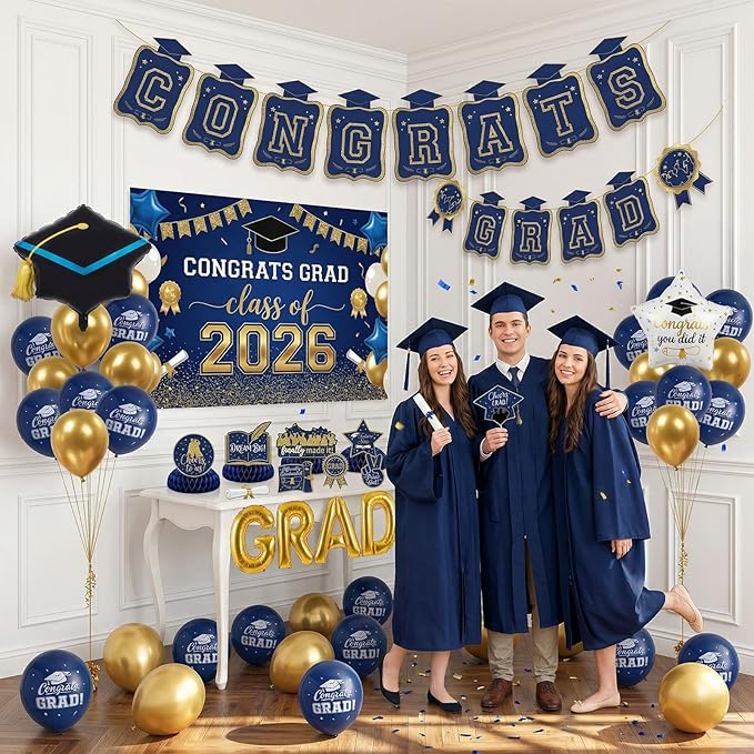 Class of 2026 Graduation Party Decorations - Navy Blue & Gold Set: GRAD Foil Balloon , Backdrop Banner, Honeycomb Centerpieces, Hanging Swirls & Mylar Letters - Complete 2026 Grad Prom Supplies