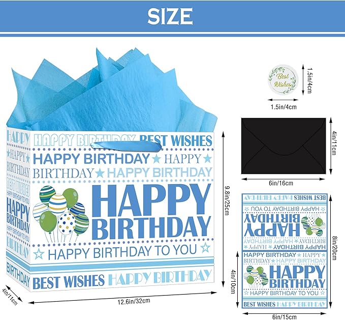 Happy Birthday Gift Bag, White Blue Birthday Bag with Tissue Paper and Greeting Card & Envelope & Sticker, Bithday Wrapping Paper for Men Women, 12.6" Medium Gift Bags Birthday Gifts for Boys Girls (StyleB)