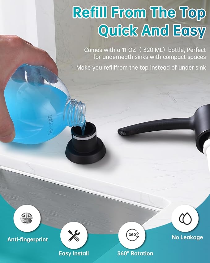 Kitchen Sink Soap Dispenser Matte Black, Built in Soap Dispenser Kitchen Countertop, ABS Pump Head with Refillable Bottle, Under Counter Dish Soap Hand Lotion Dispenser