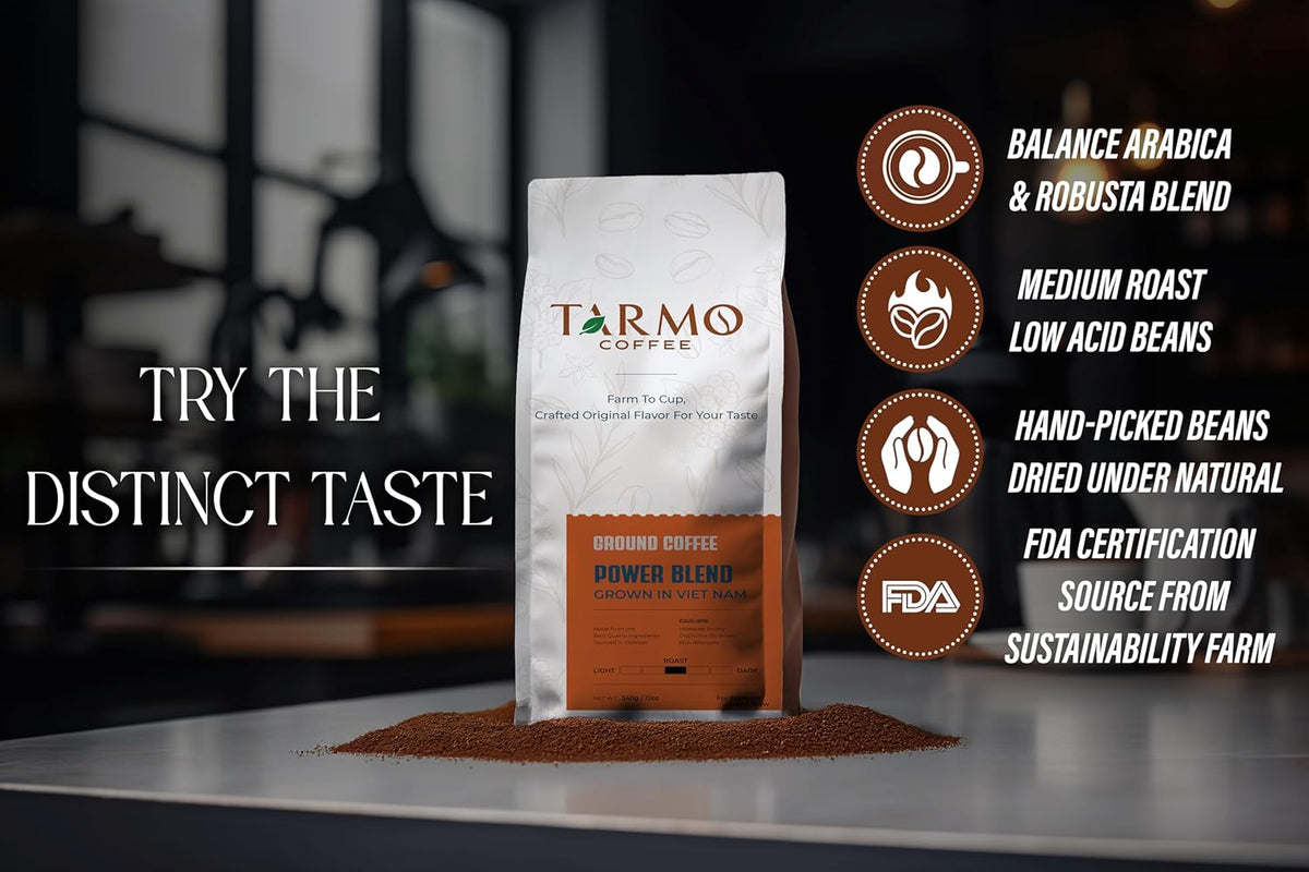 Tarmo - Power Blend, Low Acid Ground Coffee, Specialty Vietnamese Coffee, Premium Arabica & Robusta Blend, Medium Roast Coffee, 12 Oz Bag