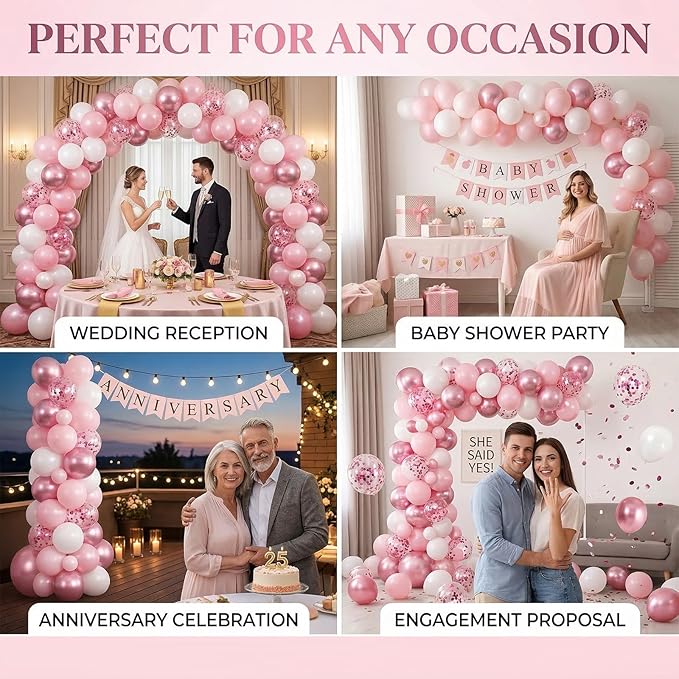 60pcs Pink and White Balloons, 12" Metallic Pearl Pastel Baby Pink Confetti Balloons for wedding Baby Bridal Shower Princess Birthday Decorations (66ft Ribbons)