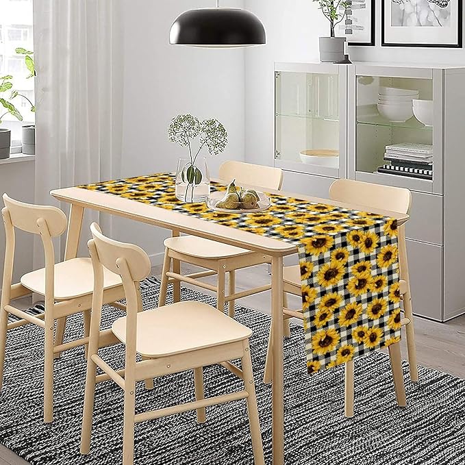 Summer Sunflower Table Runner, Sunshine Seasonal Buffalo Plaid Table Runner for Indoor Home Party Kitchen Dining Outdoor 13x90in