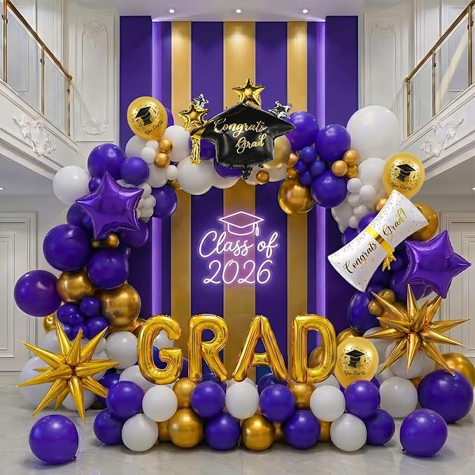 2026 Graduation Decorations Purple Gold White - 115Pcs Balloon Arch Kit with Certificate & Star Foil Balloons, Class of 2026 Graduation Party Supplies for College, High School Grad Prom Decor