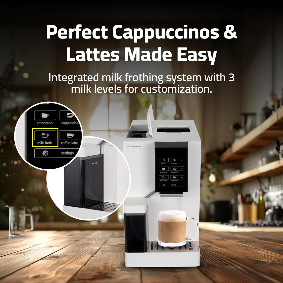 Epsilon Fully Automatic Coffee Machine, Modern One Touch Espresso Machine, Integrated Milk Frother and Custom Brewing Cafe Maker