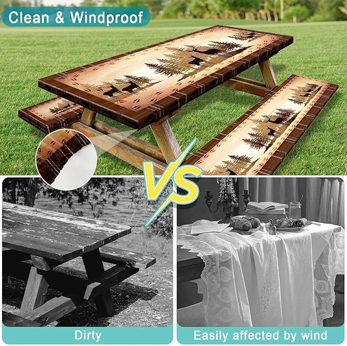30X96 Inch Brown Deer Picnic Table Cover with Bench Cover and Drawstring Bag, Waterproof Washable Fitted Outdoor Tablecloth Rectangular Elastic Edged for Camping Outdoor Travel, 3 Pieces Set