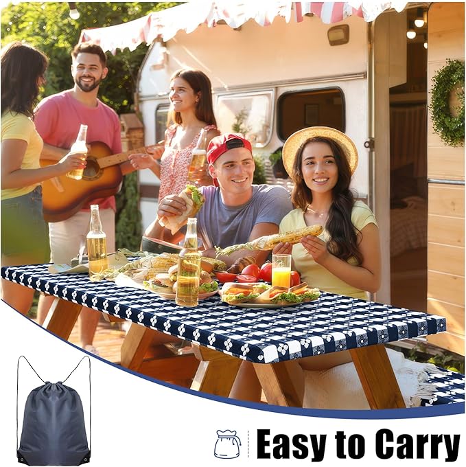 Smiry Picnic Table Cover with Bench Covers, Waterproof Elastic Fitted Tablecloth for 8 Foot Tables, Washable Polyester Tablecloths for Camping & Indoor (Dark Blue & White, 30x96 Inch 3-pc Set)
