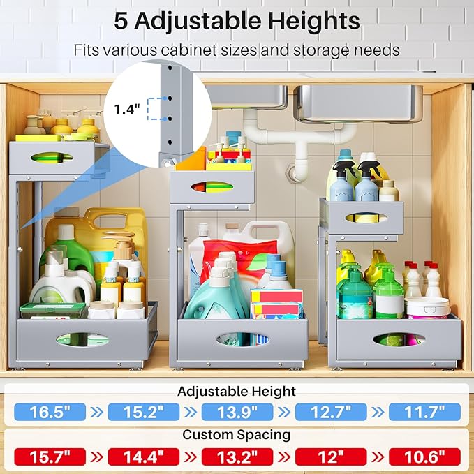 Under Sink Organizer, 2 Tier Pull Out Under Cabinet Organizer Shelf with Pad for Framed Cabinets, Metal Slide Out Under Sink Storage, Mesh Sliding Drawers for Kitchen Bathroom Laundry(Grey, 1 Pack)