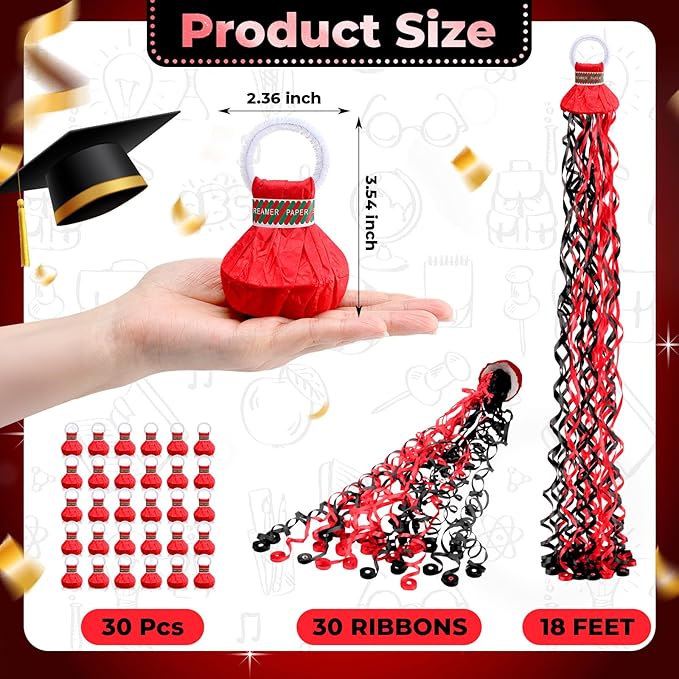 WinnerWhy 30 Pcs No Mess Confetti Poppers Hand Throw Streamers Party Poppers for Graduation 2026 Birthday Celebrations Wedding Engagement Bachelorette Party Supplies(Black and Red)