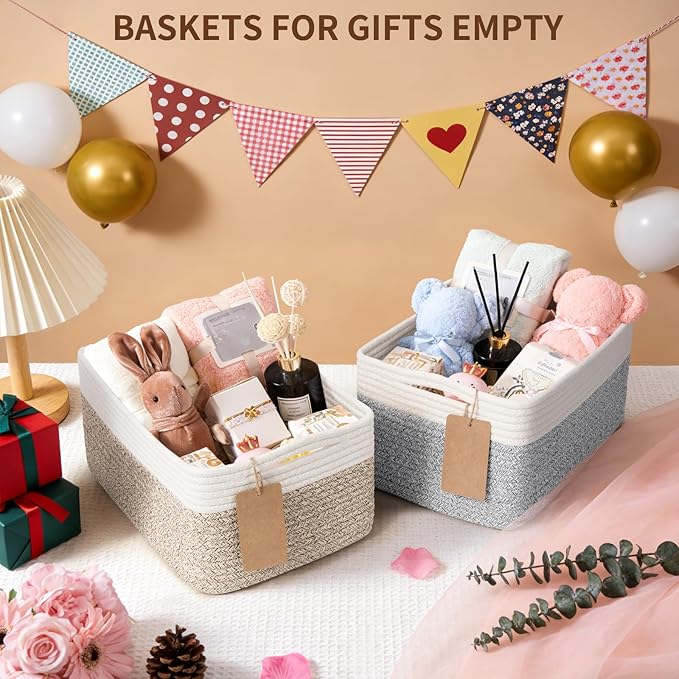 Goodpick 4 Pack Storage Baskets for Shelves, Rectangle Wicker Storage Bins for Baby Shower Toys, Decorative Organizer Shelf Baskets for Gifts Empty, 13''L x 8''W x 6''H, Black & Jute