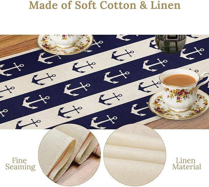 Nautical Anchor Table Runner, Ocean Beach Coastal Beach Stripe Background Theme Table Runner for Dining Kitchen Party Holidays Home 13x108in