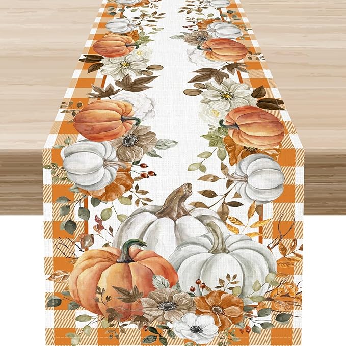 Fall Table Runner, Farmhouse Autumn Pumpkin Harvest Orange Buffalo Plaid Thanksgiving Rustic Coffee Table Center Decor for Home Kitchen Dining Patio Holiday Party Indoor Outdoor, 13"x36" Inch