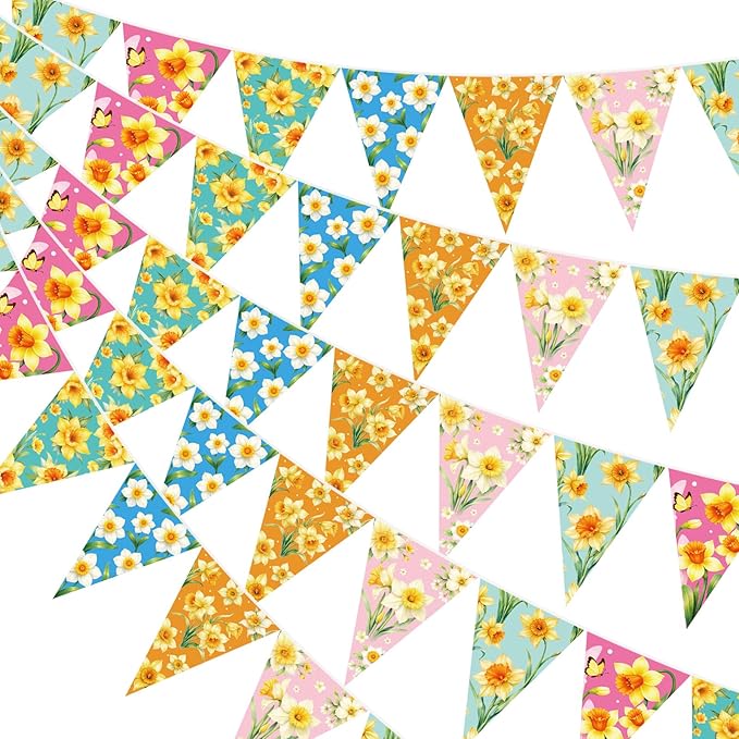 jijAcraft 4 Pack Spring Floral Bunting Banners - Pre-Strung Daffodil Flower Triangle Pennant Banner, Daffodil Spring Party Decorations for St David's Day March Birth Flower Spring Baby Shower Decor