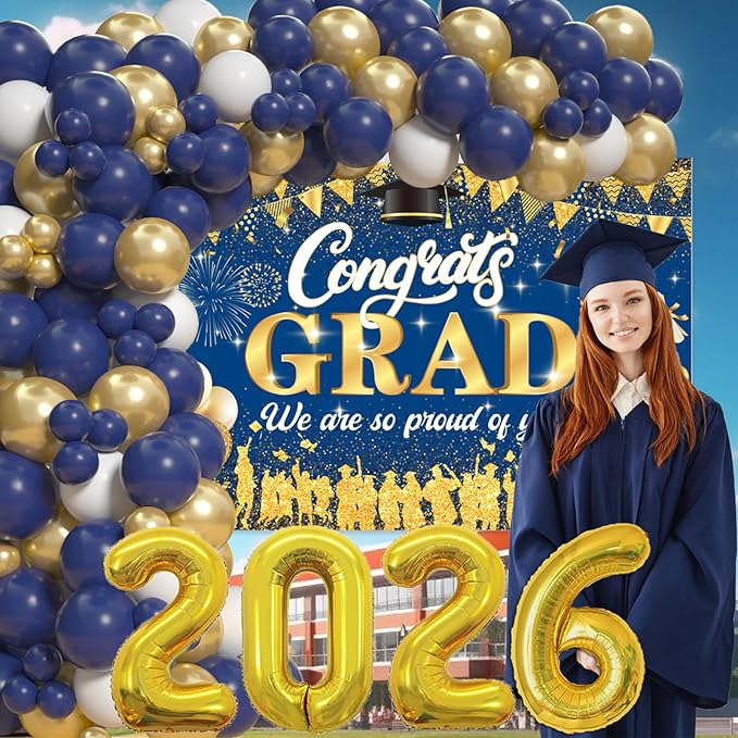 Blue And Gold 2026 Graduation Party Decorations - Graduation Balloon Arch Kit With Blue Gold Graduation Balloons, Congrats Grad Backdrop, 2026 Foil Balloons For High School Graduation Decorations