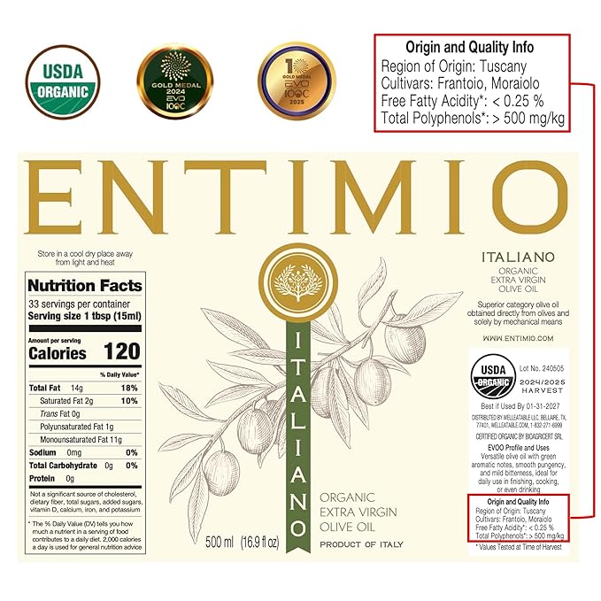 Entimio Italiano Organic Italian Extra Virgin Olive Oil from Italy, 500+ mg/kg High in Polyphenols, 2025 Gold Winner, Tuscany evoo, Cold Extracted