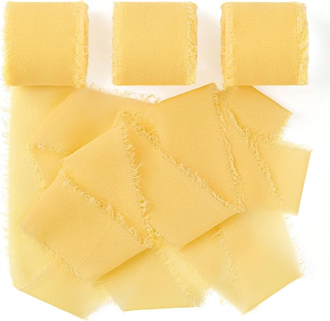 Cream Yellow Chiffon Ribbon 1.5" x 21 Yd Handmade Fringe Silk Chiffon Fabric Ribbon for Gift Wrapping Wedding Invitation Bridal Flower Bouquet DIY Crafts Home Decor