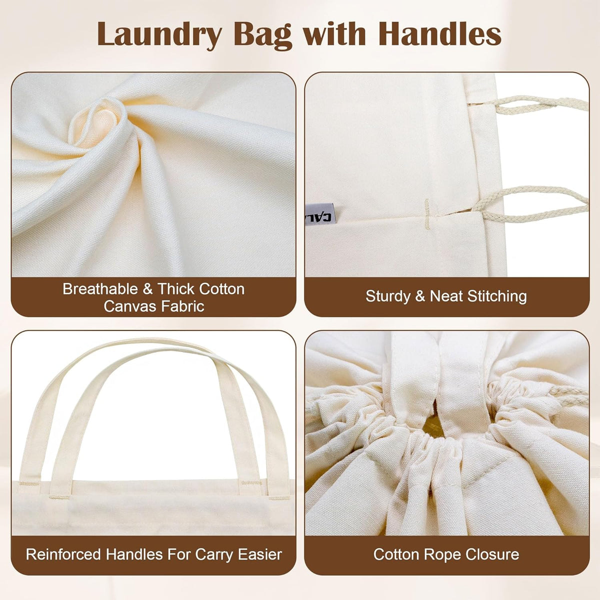 Canvas Laundry Bag with Handles & Drawstring Closure 27.5”x35", Thick Cotton Laundry Bag Heavy Duty Washable Dirty Clothes Travel Sack for Camp, College Dorm, Laundromat (Beige L, 2 Pack)