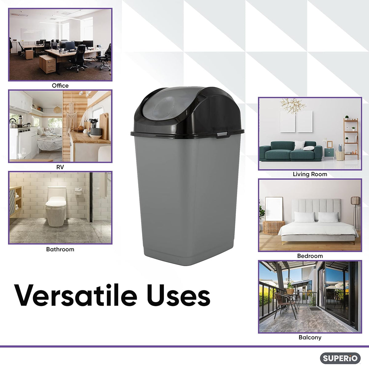 Superio Small 2.5 Gallon Plastic Trash Can with Swing Top Lid, Compact Slim Waste Bin for Under Desk, Office, Bedroom, Bathroom, Dorm Room, 10 Qt. Portable Garbage Can (Grey/Black)