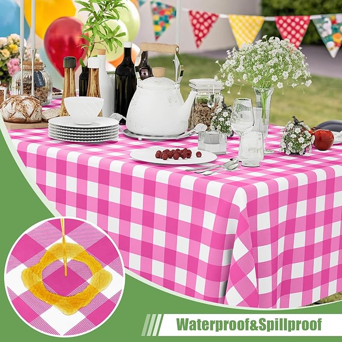 Smiry 5 Pack Hot Pink Gingham Disposable Tablecloths - 54" x 108" Heavy Duty Plastic Table Cloth, Waterproof Buffalo Plaid Table Covers for Picnic, Banquets, Parties