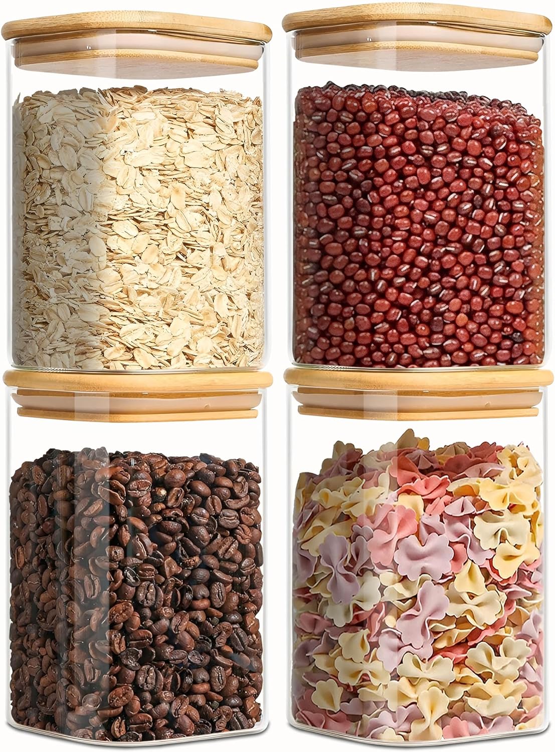 Square Glass Jars Canister with Wood Lid 37 FL OZ [Set of 4], Container Jar with Sealing, Lids for Oat Pasta Flour Cereal Rice Sugar Tea Coffee Beans
