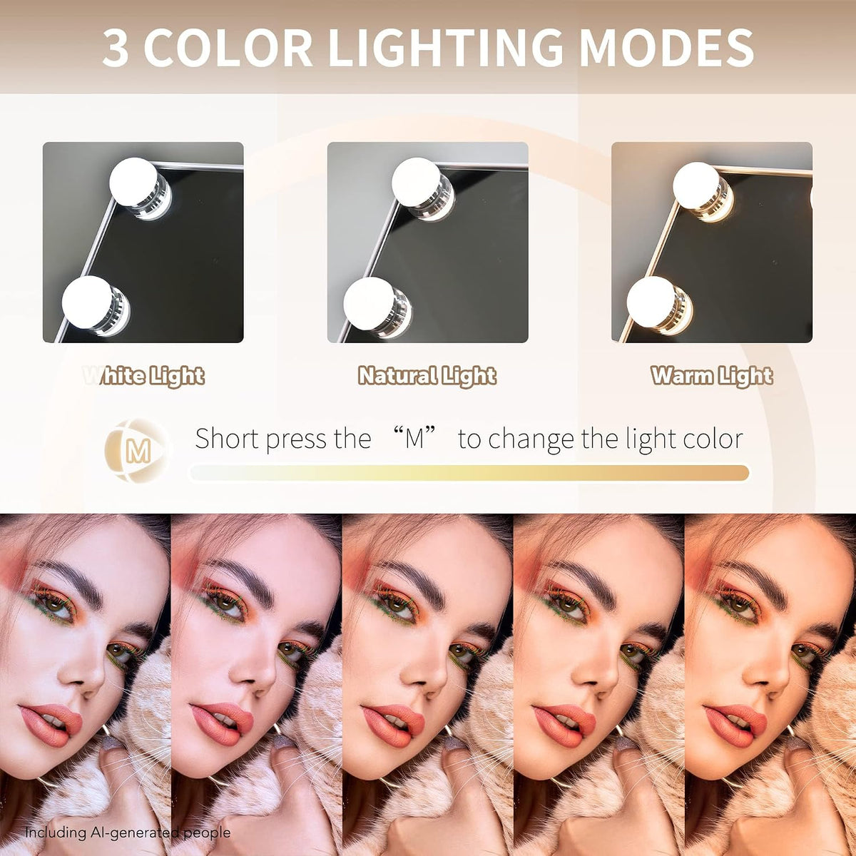 Makeup Vanity Mirror with Lights,10X,White 17.12"x13.77" | Vanity Mirror with Detachable 10X Magnification Mirror, Rechargeable, 3 Color Lights,Touch Control, Rotatable