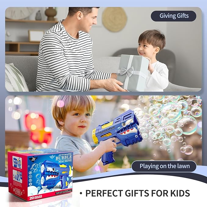 Rechargeable Blue Shark Bubble Guns for Kids, LED Light Up Bubble Machine Blower with Bubble Refill Solution for Kids, Bubble Makers Blaster for Toddlers, Summer WeddingToys Gift