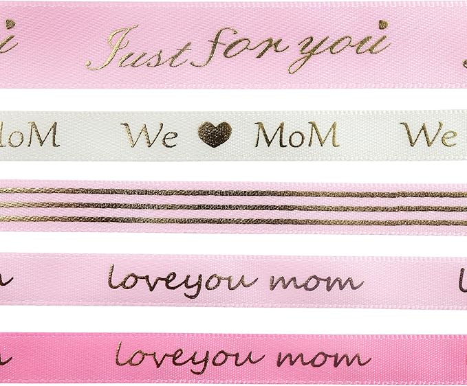Mother’s Day Ribbon Set – 5 Rolls Satin Gift Flower Ribbons with Gold Foil Letters – 5 Yards Each, 10mm & 16mm – Love You Mom, Just for You, We Mom – Gift Wrap, Flower Wrap, Crafting, DIY (5)