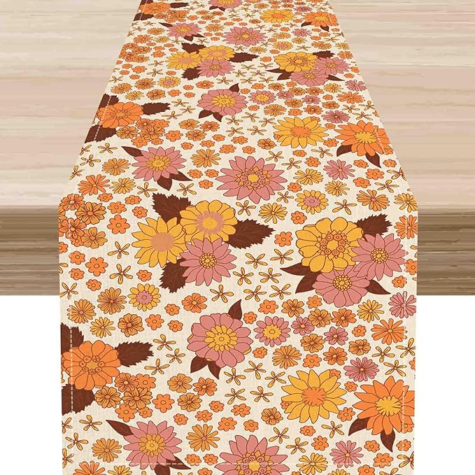 Groovy Floral Table Runner, Retro 70s Hippie Floral Funky Orange Floral Trippy Coffee Table Center Decor for Home Kitchen Dining Patio Holiday Party Indoor Outdoor Table Decorations, 13"x72" Inch