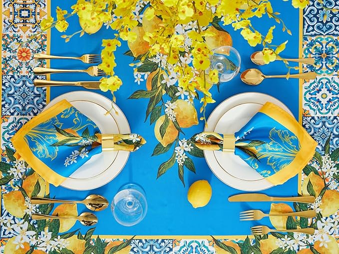 YiHomer Provence Blue Lemon Mediterranean Tile Tabletop for Spring Summer Decorations, Picnics and Dinner Parties - Indoor Outdoor, Stain and Water Resistant, Tablecloth, 60 x 140 Rectangle