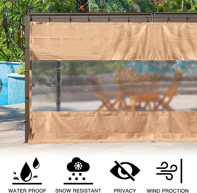 Domi Heavy Duty Outdoor Clear Panel Curtain, 18 oz Waterproof PVC Polyester Curtain, Weather Resistant & Tearproof for Patios, Gazebos, Pergolas, Privacy Screen (8'H x 7'W, Brown)