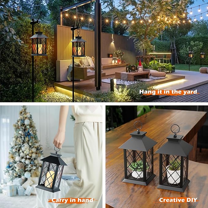 13.4" Lanterns Decorative Indoor, Black Lantern Decor with Timer Flickering Candle, Diamond-shaped Outdoor Lanterns, Waterproof Hanging Lantern for Patio, Porch, Entryway, Centerpieces, 1 Pack